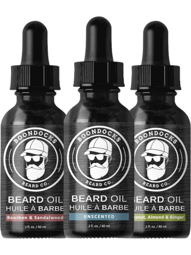 Private label beard oil bottles produced by Boondocks Beard Co.